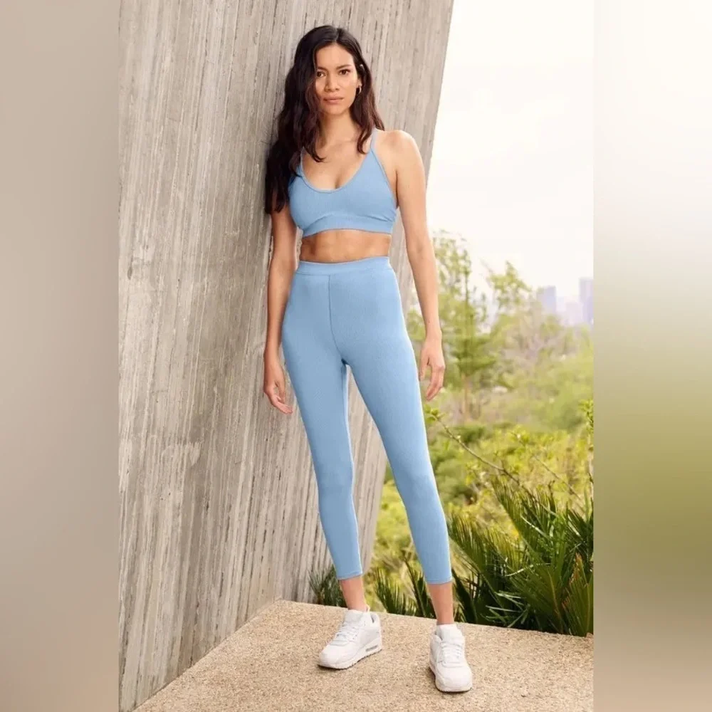 ALO Yoga Light Blue Ribbed High-Waist 7/8 Blissful Legging XXS